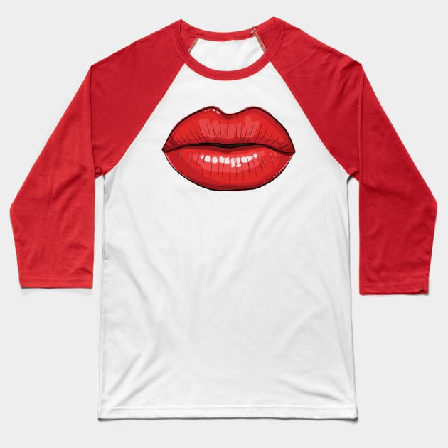Sexy Woman Red Lips with Lip Gloss Baseball T-Shirt by XOZ
